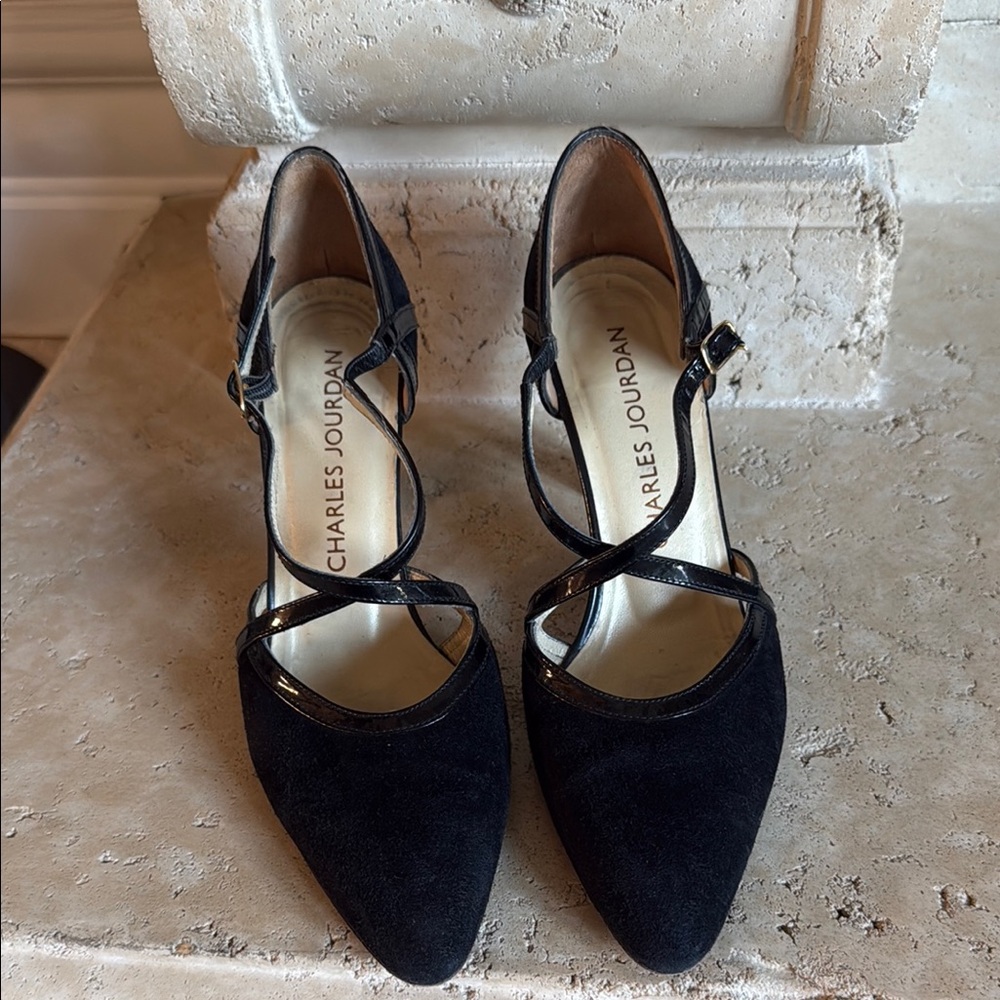 Vintage Charles Jourdan Black Suede Pump Heels